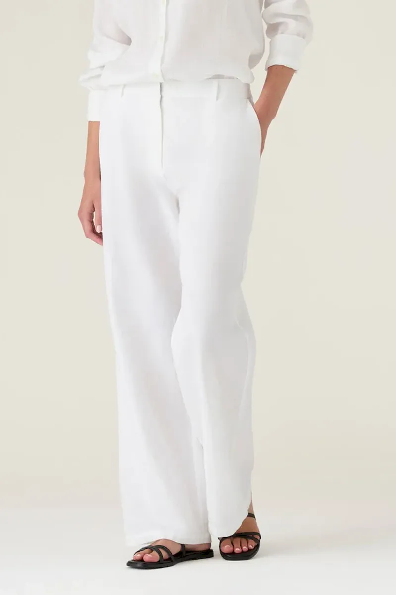 Mid-Waist Wide-Leg Linen Pants, White