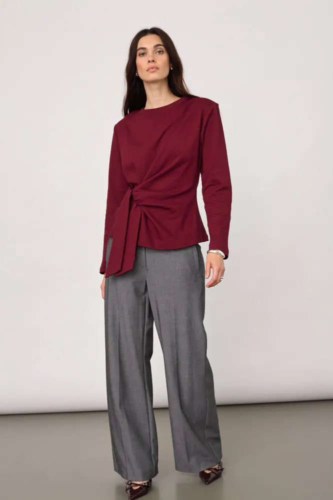 Oriane LS Pleat Tie Tee, Wine Red