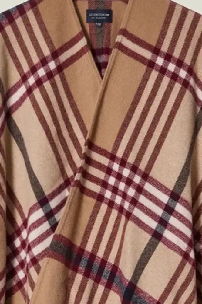 Recycled Wool Blend Poncho, Beige/Dark Red Check