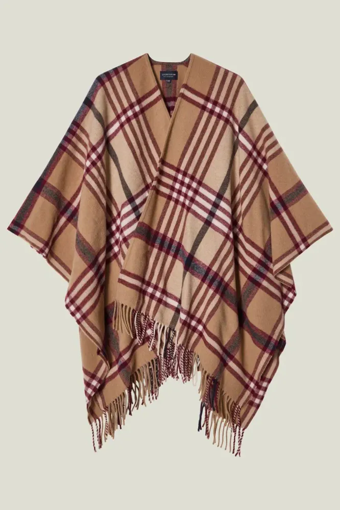 Recycled Wool Blend Poncho, Beige/Dark Red Check