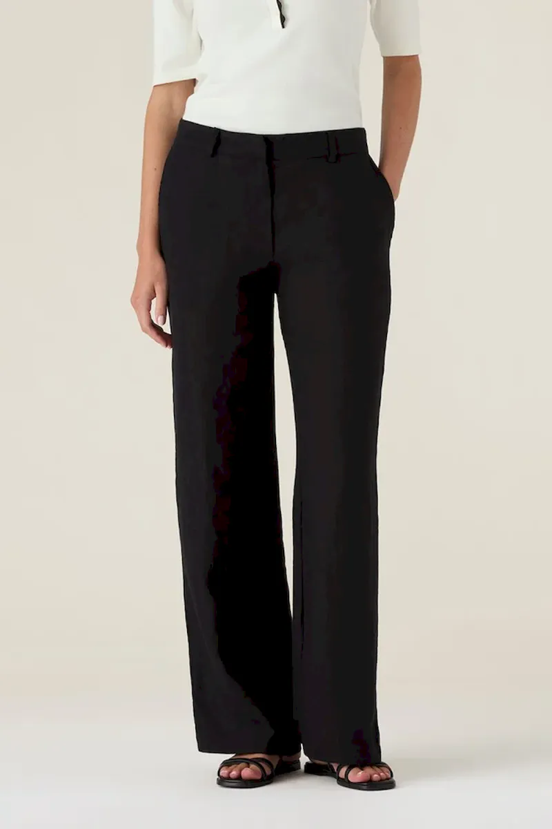 Mid-Waist Wide-Leg Linen Pants, Black