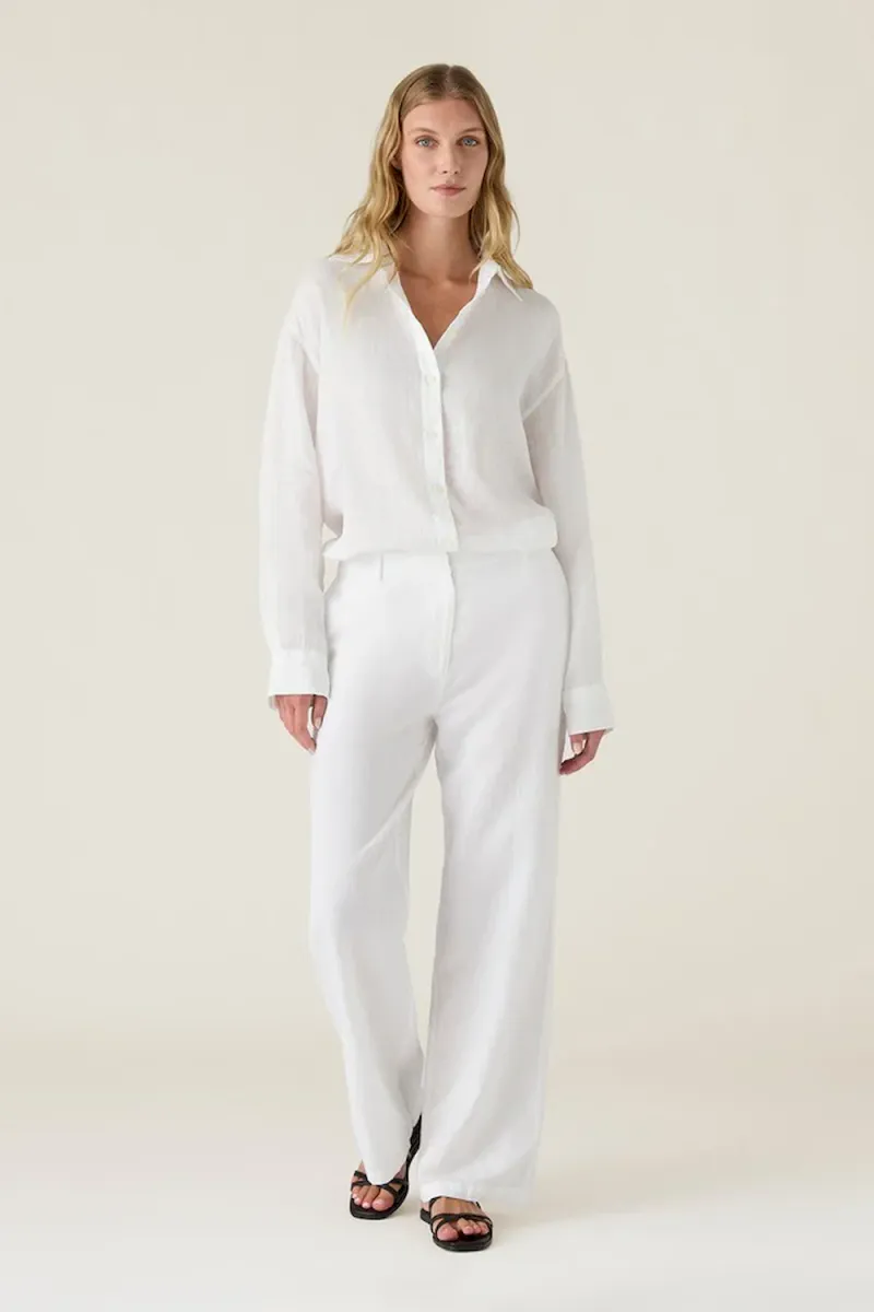 Mid-Waist Wide-Leg Linen Pants, White