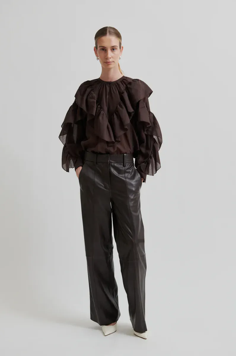 Letho Leather Straight Trousers, Chocolate Plum