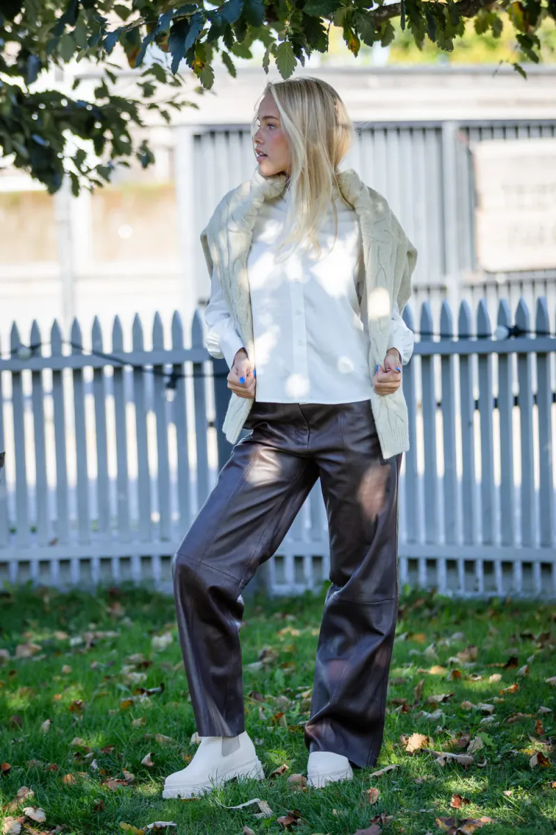 Letho Leather Straight Trousers, Chocolate Plum